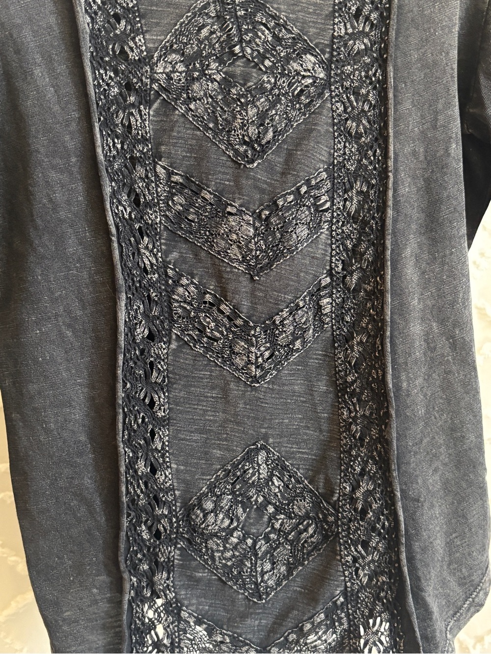 Free People Black Lace Crochet Boho Top 3/4 Sleeve Washed Knit - Picture 2 of 5